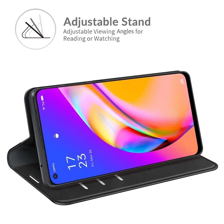 Skin-touch Leather Cover Auto-Absorbed Protective Case with Wallet Stand for Oppo A94 5G - Black