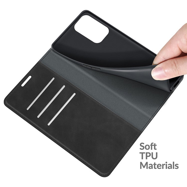 Skin-touch Leather Cover Auto-Absorbed Protective Case with Wallet Stand for Oppo A94 5G - Black