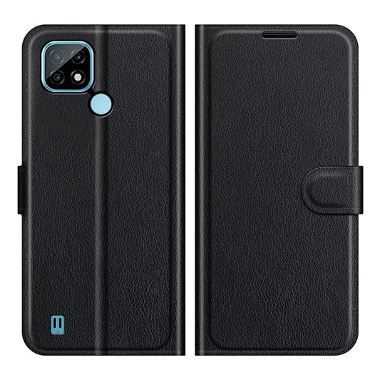 Wallet Design Litchi Texture Leather Phone Case Folio Flip Cover with Stand for Realme C21 - Black