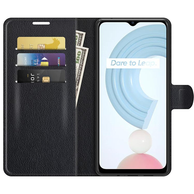 Wallet Design Litchi Texture Leather Phone Case Folio Flip Cover with Stand for Realme C21 - Black