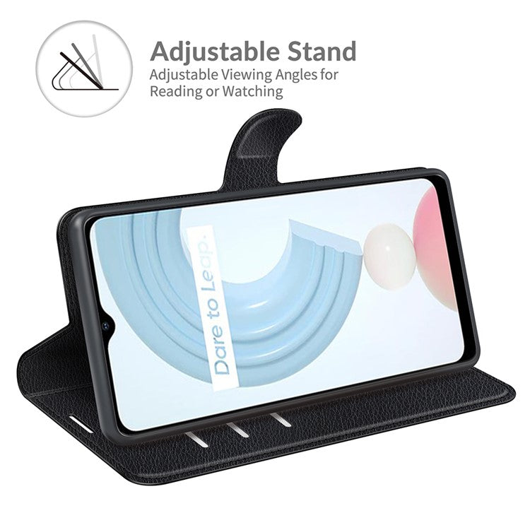 Wallet Design Litchi Texture Leather Phone Case Folio Flip Cover with Stand for Realme C21 - Black