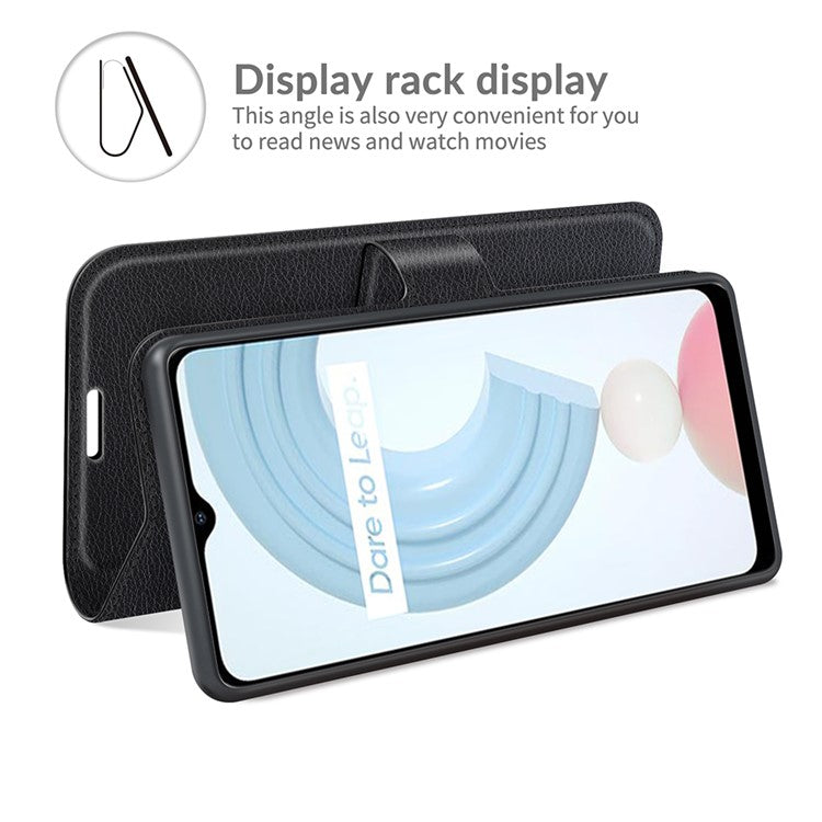 Wallet Design Litchi Texture Leather Phone Case Folio Flip Cover with Stand for Realme C21 - Black
