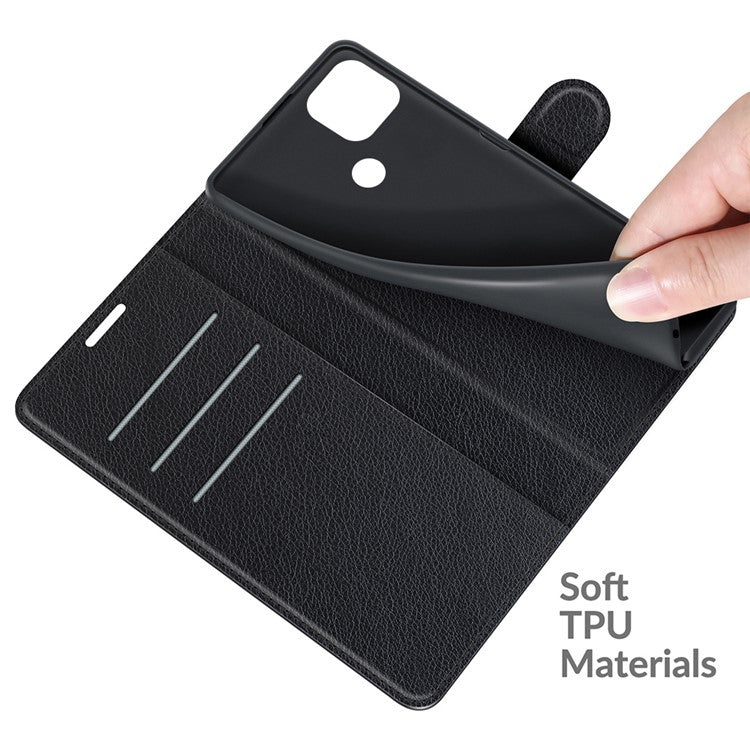 Wallet Design Litchi Texture Leather Phone Case Folio Flip Cover with Stand for Realme C21 - Black