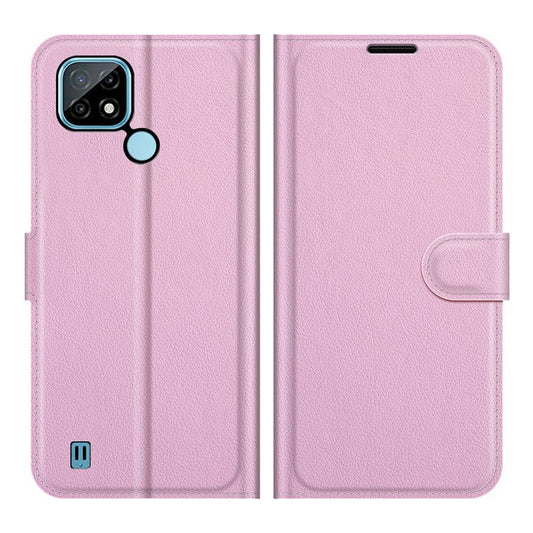 Wallet Design Litchi Texture Leather Phone Case Folio Flip Cover with Stand for Realme C21 - Pink