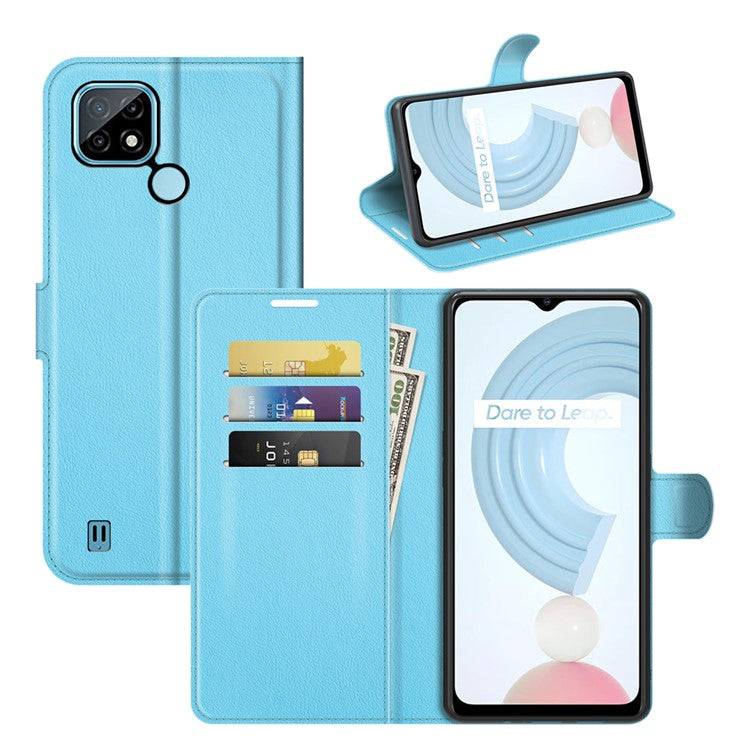 Wallet Design Litchi Texture Leather Phone Case Folio Flip Cover with Stand for Realme C21 - Blue