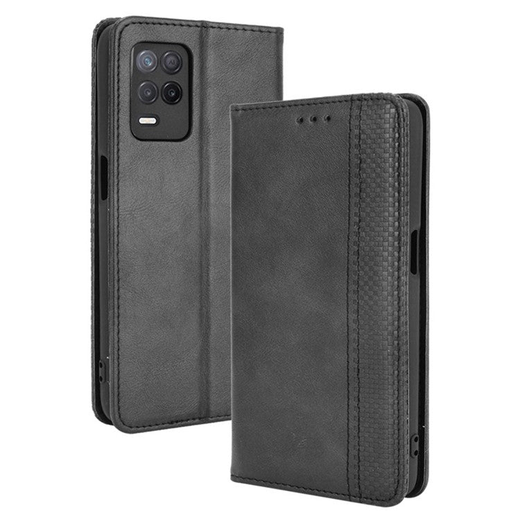 Vintage Style Phone Case Wallet Stand Magnetic Closure Leather Cover for Realme 8 5G/V13 5G/Narzo 30 5G - Black