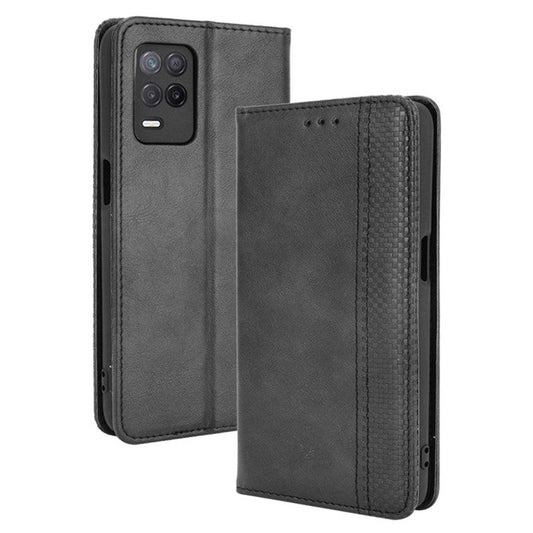 Vintage Style Phone Case Wallet Stand Magnetic Closure Leather Cover for Realme 8 5G/V13 5G/Narzo 30 5G - Black