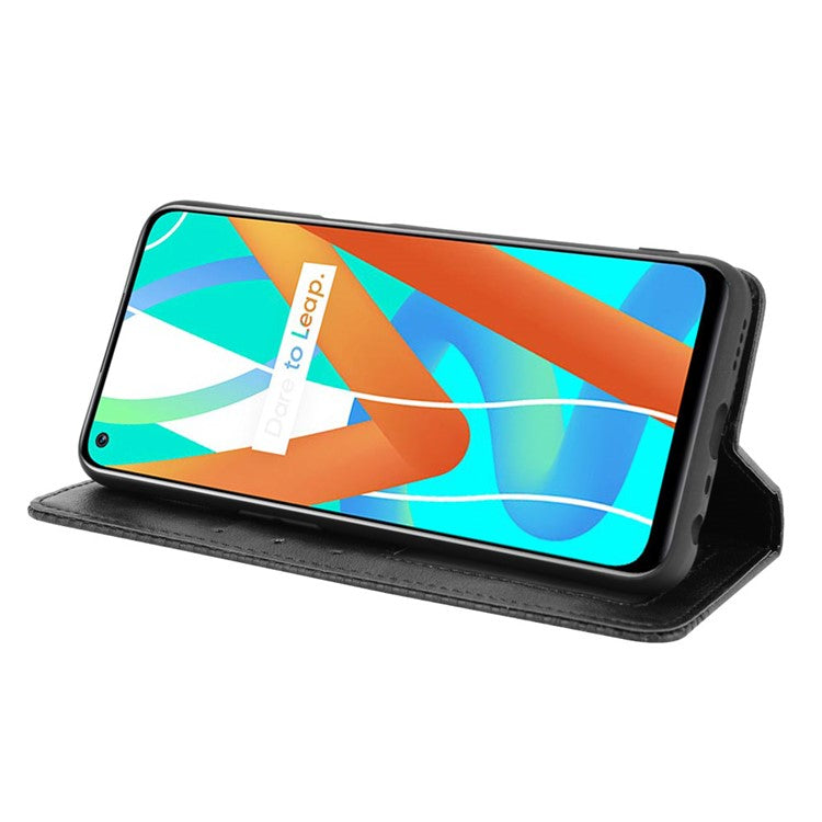 Vintage Style Phone Case Wallet Stand Magnetic Closure Leather Cover for Realme 8 5G/V13 5G/Narzo 30 5G - Black