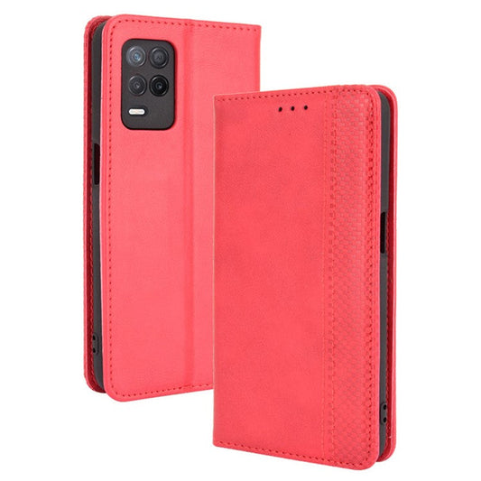 Vintage Style Phone Case Wallet Stand Magnetic Closure Leather Cover for Realme 8 5G/V13 5G/Narzo 30 5G - Red