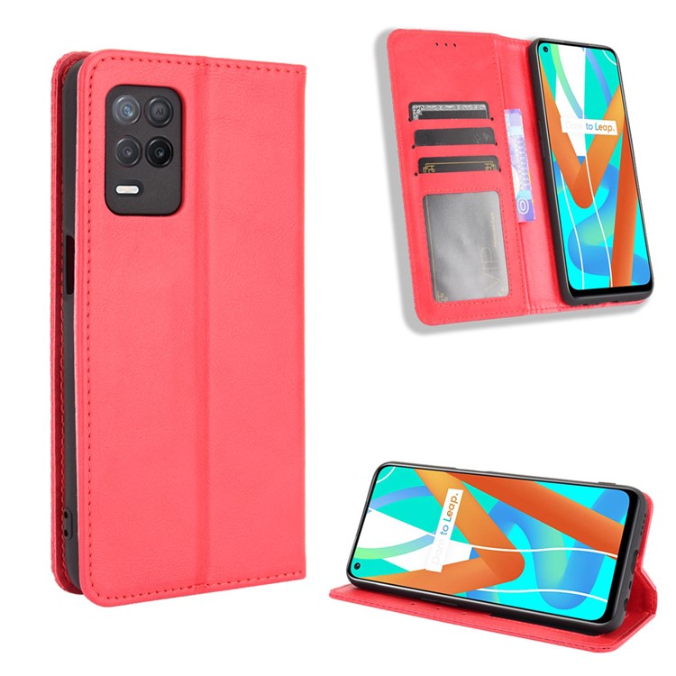 Vintage Style Phone Case Wallet Stand Magnetic Closure Leather Cover for Realme 8 5G/V13 5G/Narzo 30 5G - Red