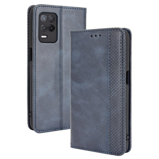 Vintage Style Phone Case Wallet Stand Magnetic Closure Leather Cover for Realme 8 5G/V13 5G/Narzo 30 5G - Blue