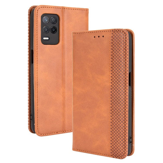 Vintage Style Phone Case Wallet Stand Magnetic Closure Leather Cover for Realme 8 5G/V13 5G/Narzo 30 5G - Brown