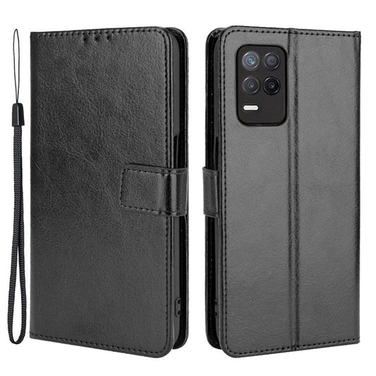 Crazy Horse Skin with Wallet Stand Leather Shell with Strap for Realme 8 5G/V13 5G/Narzo 30 5G - Black
