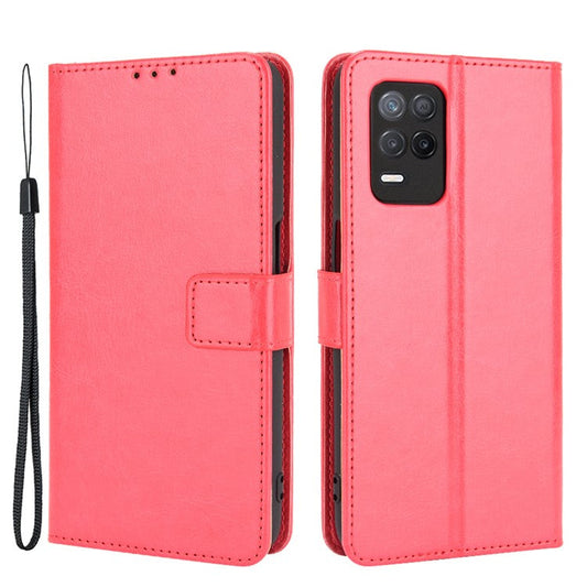 Crazy Horse Skin with Wallet Stand Leather Shell with Strap for Realme 8 5G/V13 5G/Narzo 30 5G - Red