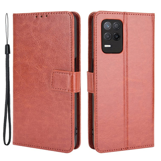 Crazy Horse Skin with Wallet Stand Leather Shell with Strap for Realme 8 5G/V13 5G/Narzo 30 5G - Brown