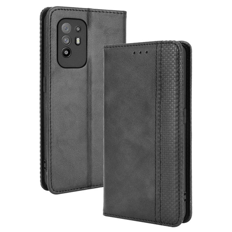 Vintage Style Magnetic Attraction Wallet Stand Phone Case Cover for Oppo A94 5G/Reno5 Z/F19 Pro+ 5G - Black