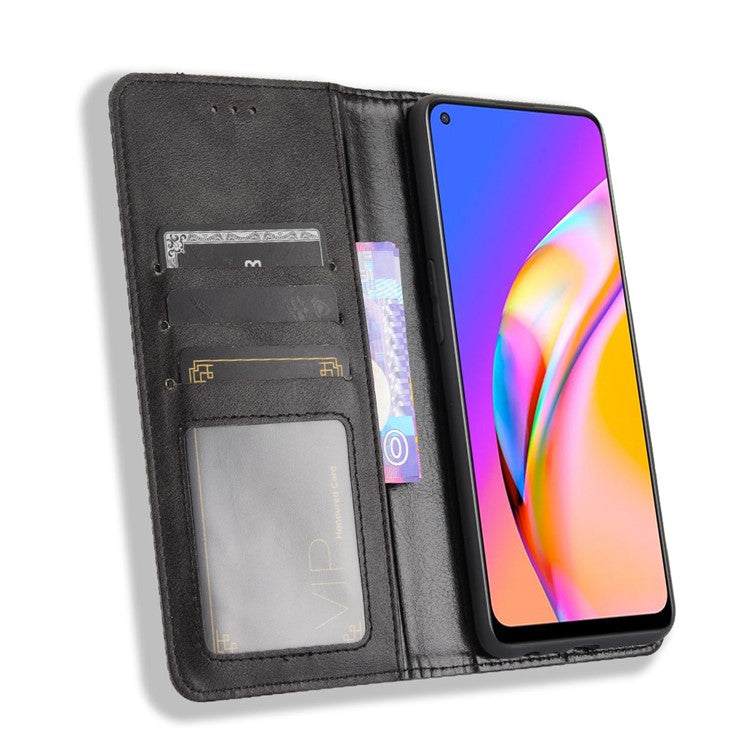 Vintage Style Magnetic Attraction Wallet Stand Phone Case Cover for Oppo A94 5G/Reno5 Z/F19 Pro+ 5G - Black