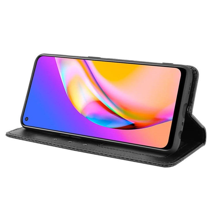 Vintage Style Magnetic Attraction Wallet Stand Phone Case Cover for Oppo A94 5G/Reno5 Z/F19 Pro+ 5G - Black