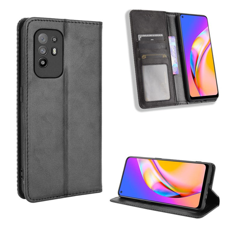 Vintage Style Magnetic Attraction Wallet Stand Phone Case Cover for Oppo A94 5G/Reno5 Z/F19 Pro+ 5G - Black