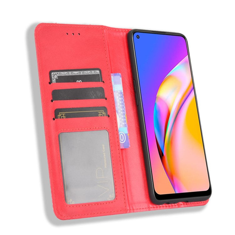 Vintage Style Magnetic Attraction Wallet Stand Phone Case Cover for Oppo A94 5G/Reno5 Z/F19 Pro+ 5G - Red