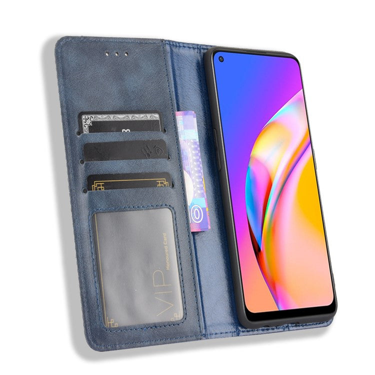 Vintage Style Magnetic Attraction Wallet Stand Phone Case Cover for Oppo A94 5G/Reno5 Z/F19 Pro+ 5G - Blue