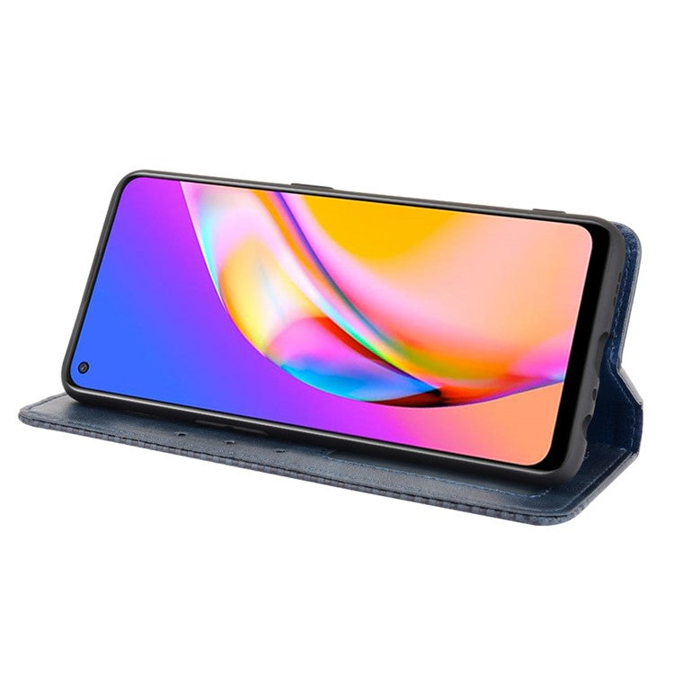 Vintage Style Magnetic Attraction Wallet Stand Phone Case Cover for Oppo A94 5G/Reno5 Z/F19 Pro+ 5G - Blue
