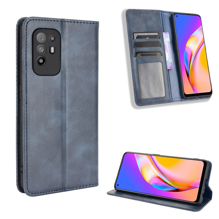 Vintage Style Magnetic Attraction Wallet Stand Phone Case Cover for Oppo A94 5G/Reno5 Z/F19 Pro+ 5G - Blue