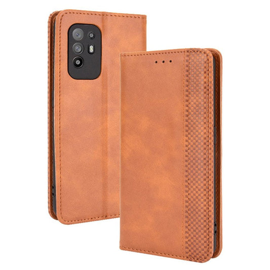 Vintage Style Magnetic Attraction Wallet Stand Phone Case Cover for Oppo A94 5G/Reno5 Z/F19 Pro+ 5G - Brown