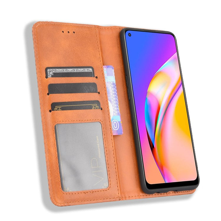 Vintage Style Magnetic Attraction Wallet Stand Phone Case Cover for Oppo A94 5G/Reno5 Z/F19 Pro+ 5G - Brown