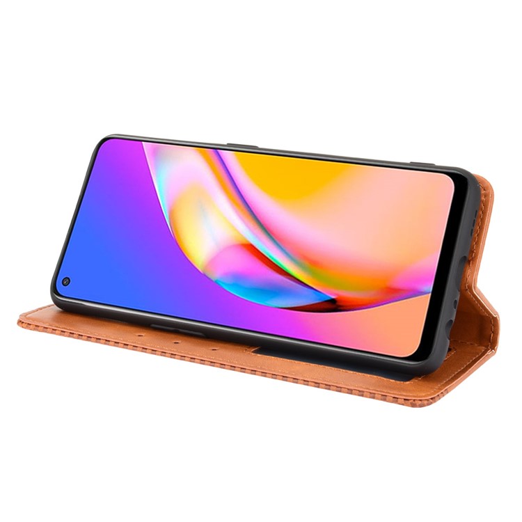 Vintage Style Magnetic Attraction Wallet Stand Phone Case Cover for Oppo A94 5G/Reno5 Z/F19 Pro+ 5G - Brown