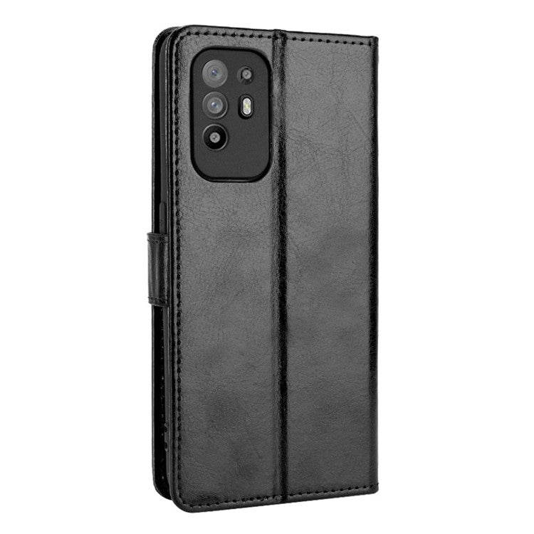 Wallet Stand Design Crazy Horse Skin Leather Shell with Strap for Oppo A94 5G/Reno5 Z/F19 Pro+ 5G - Black