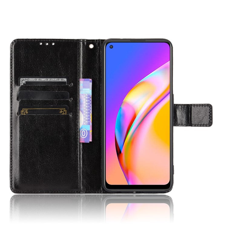 Wallet Stand Design Crazy Horse Skin Leather Shell with Strap for Oppo A94 5G/Reno5 Z/F19 Pro+ 5G - Black