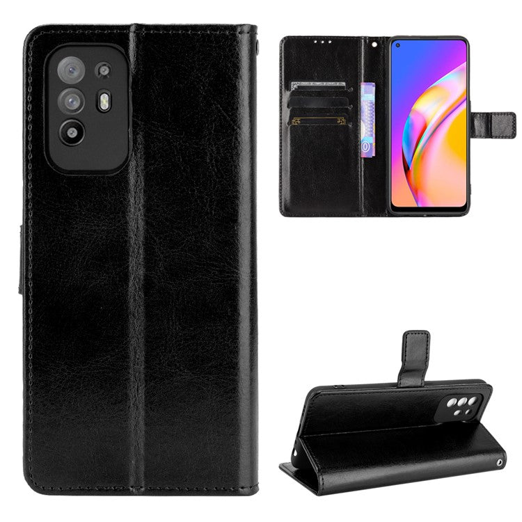 Wallet Stand Design Crazy Horse Skin Leather Shell with Strap for Oppo A94 5G/Reno5 Z/F19 Pro+ 5G - Black