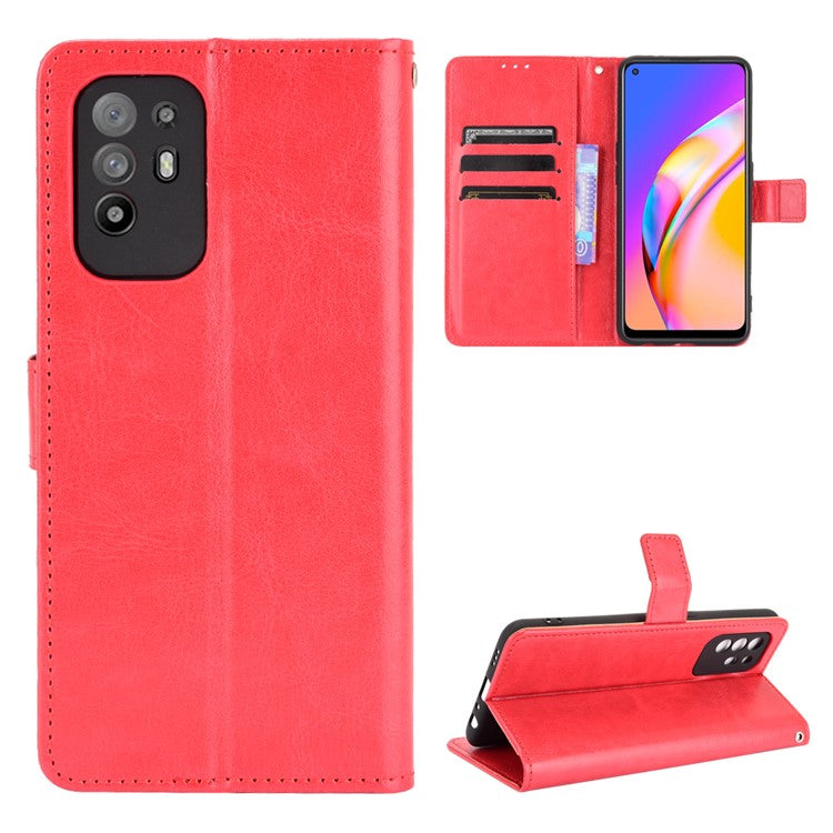 Wallet Stand Design Crazy Horse Skin Leather Shell with Strap for Oppo A94 5G/Reno5 Z/F19 Pro+ 5G - Red