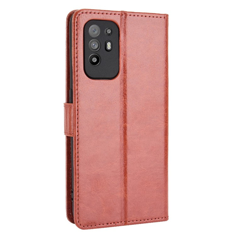 Wallet Stand Design Crazy Horse Skin Leather Shell with Strap for Oppo A94 5G/Reno5 Z/F19 Pro+ 5G - Brown