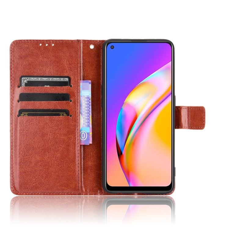 Wallet Stand Design Crazy Horse Skin Leather Shell with Strap for Oppo A94 5G/Reno5 Z/F19 Pro+ 5G - Brown
