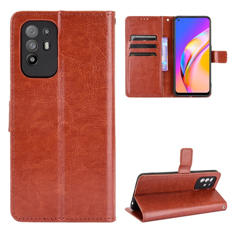 Wallet Stand Design Crazy Horse Skin Leather Shell with Strap for Oppo A94 5G/Reno5 Z/F19 Pro+ 5G - Brown