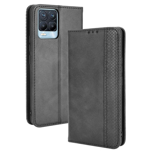 Vintage Style Leather Wallet Phone Case for Realme 8 4G/8 Pro 4G - Black