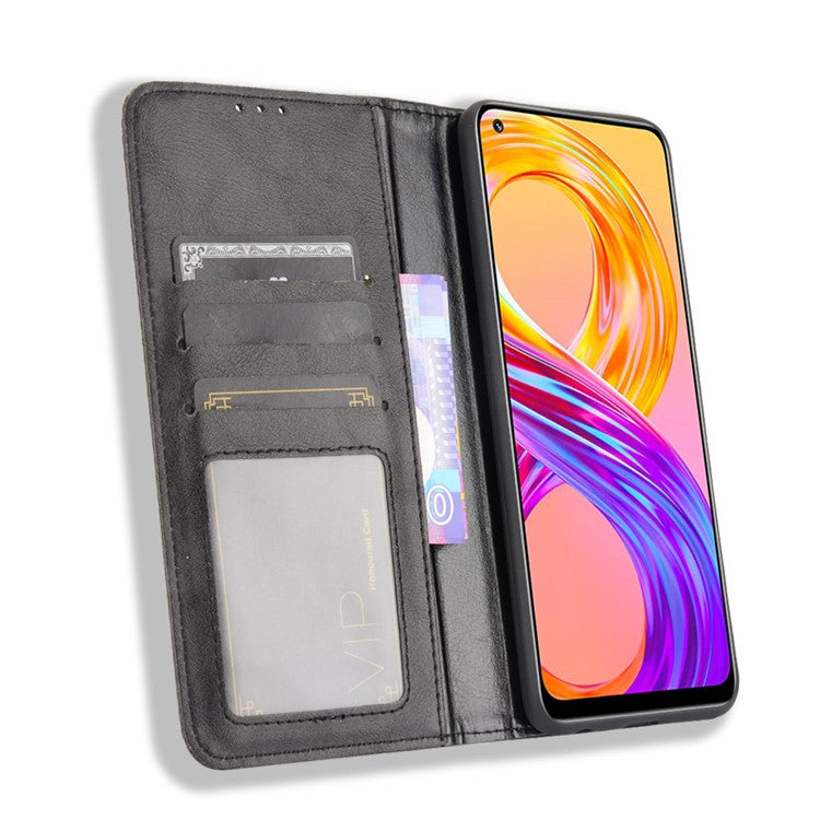 Vintage Style Leather Wallet Phone Case for Realme 8 4G/8 Pro 4G - Black