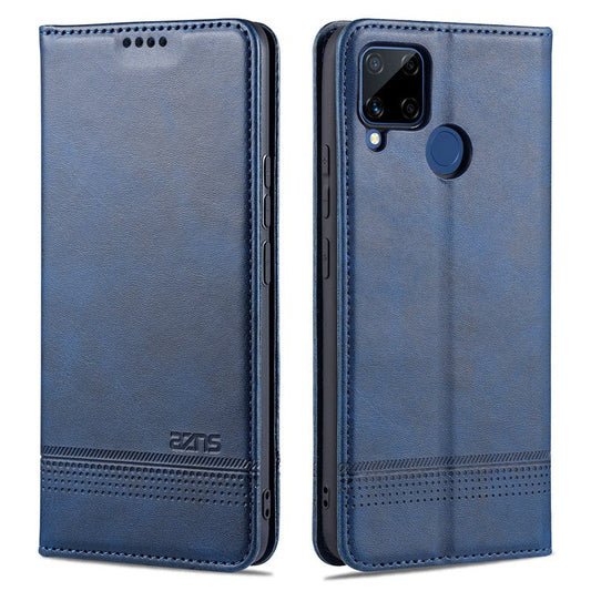 AZNS Stand Wallet Case Auto-absorbed Magnetic Leather Phone Shell for Realme C12/C15/C25/Narzo 30A - Blue