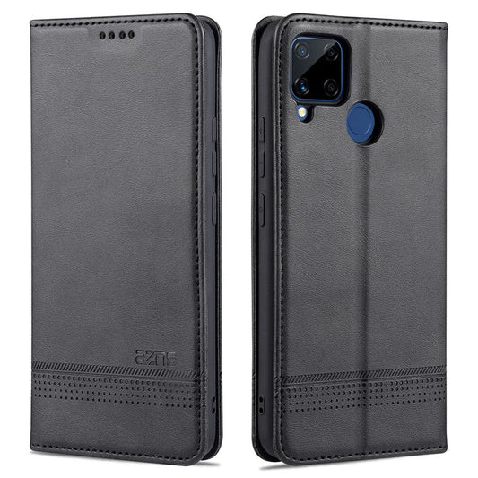 AZNS Stand Wallet Case Auto-absorbed Magnetic Leather Phone Shell for Realme C12/C15/C25/Narzo 30A - Black