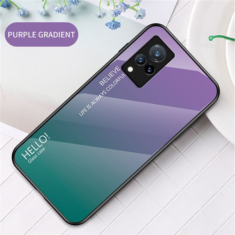 Color Gradient Design Anti-Scratch Tempered Glass Well-Protected Cell Phone Back Case for vivo V21 5G - Purple/Green