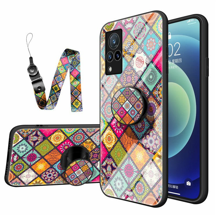 Hybrid Phone Case Colorful Printing Glass + PC + TPU Cover Shell with Kickstand Strap for vivo V21 5G - Color Pattern