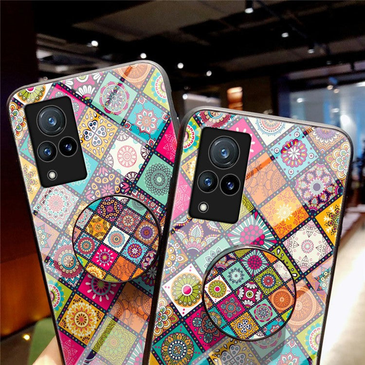 Hybrid Phone Case Colorful Printing Glass + PC + TPU Cover Shell with Kickstand Strap for vivo V21 5G - Color Pattern