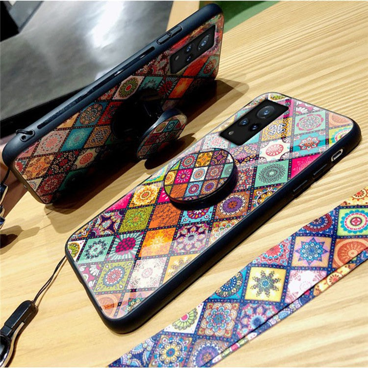 Hybrid Phone Case Colorful Printing Glass + PC + TPU Cover Shell with Kickstand Strap for vivo V21 5G - Color Pattern