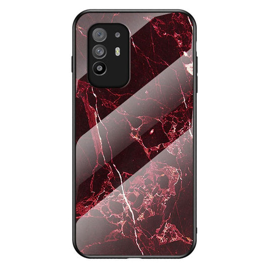 Well-Protected Marbling Pattern Design Anti-Scratch Tempered Glass Cell Phone Cover for Oppo A94 5G/F19 Pro+ 5G/Reno5 Z - Blood Red Marble