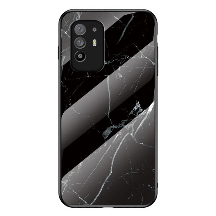 Well-Protected Marbling Pattern Design Anti-Scratch Tempered Glass Cell Phone Cover for Oppo A94 5G/F19 Pro+ 5G/Reno5 Z - Black Marble