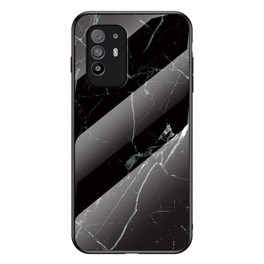 Well-Protected Marbling Pattern Design Anti-Scratch Tempered Glass Cell Phone Cover for Oppo A94 5G/F19 Pro+ 5G/Reno5 Z - Black Marble