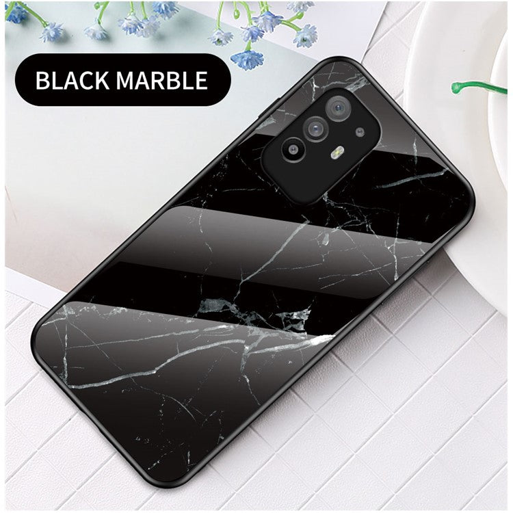 Well-Protected Marbling Pattern Design Anti-Scratch Tempered Glass Cell Phone Cover for Oppo A94 5G/F19 Pro+ 5G/Reno5 Z - Black Marble
