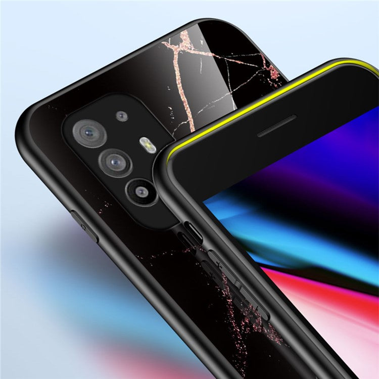 Well-Protected Marbling Pattern Design Anti-Scratch Tempered Glass Cell Phone Cover for Oppo A94 5G/F19 Pro+ 5G/Reno5 Z - Black Marble